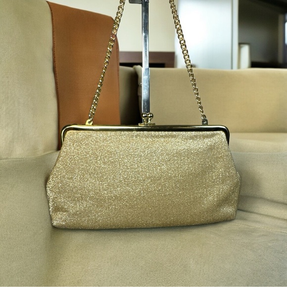 Vintage Gold Metallic Lamé Beaded Kiss Lock Clutch Handbag Satin Interior EUC - Picture 7 of 11
